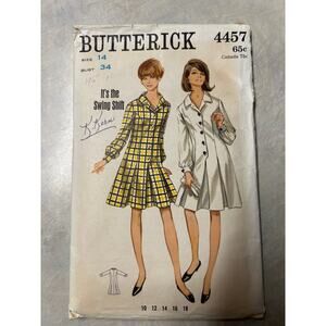Vintage 1960's Butterick Pattern #4457 Step in Swing Shift Shirtdress‎ Size 14